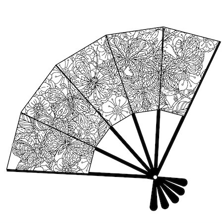 simsearch:400-08616791,k - Oriental fan decorated by  Uncolored  butterfly for adult coloring book in famous zenart style. Hand-drawn, retro, doodle, vector, uncoloured. The best for design, textiles, posters, coloring book Foto de stock - Super Valor sin royalties y Suscripción, Código: 400-08620420