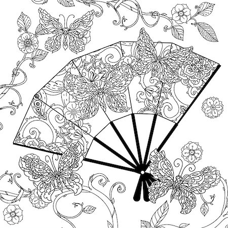 simsearch:400-08616791,k - Oriental fan decorated by  Uncolored  butterfly for adult coloring book in famous zenart style. Hand-drawn, retro, doodle, vector, uncoloured. The best for design, textiles, posters, coloring book Foto de stock - Super Valor sin royalties y Suscripción, Código: 400-08620421