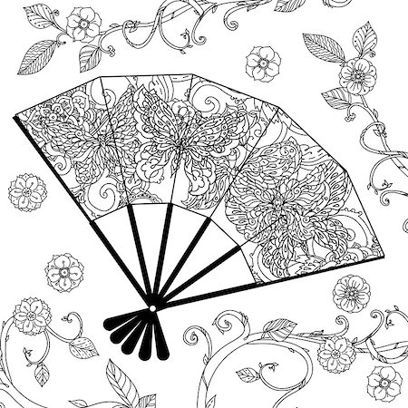 simsearch:400-08616791,k - Oriental fan decorated by  Uncolored  butterfly for adult coloring book in famous zenart style. Hand-drawn, retro, doodle, vector, uncoloured. The best for design, textiles, posters, coloring book Foto de stock - Super Valor sin royalties y Suscripción, Código: 400-08620422