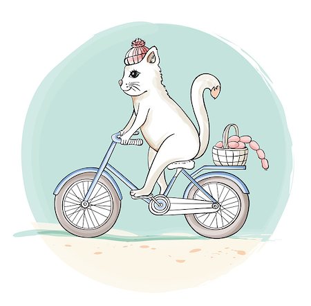 riding bike with basket - Cat riding a bicycle. Hand drawn vector illustration. Stock Photo - Budget Royalty-Free & Subscription, Code: 400-08620571