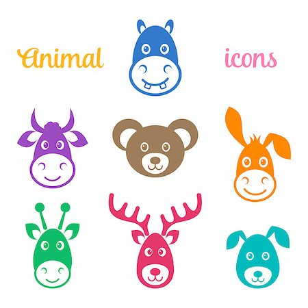 Colorful vector animal face icons isolated on white Stock Photo - Budget Royalty-Free & Subscription, Code: 400-08620807