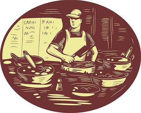 Illustration of a Taco chef cook wearing hat and apron holding meat cleaver knife in market food stall with pots set inside oval shape done in retro style. Stock Photo - Budget Royalty-Free & Subscription, Code: 400-08621115