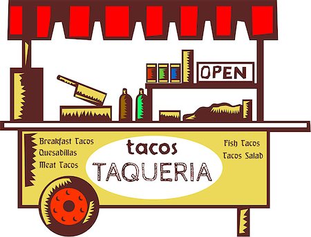 Illustration of a taco stand, food stall, food cart, taquería or restaurant that specializes in tacos and other Mexican dishes viewed from front set on isolated white backgound done in retro style. Stock Photo - Budget Royalty-Free & Subscription, Code: 400-08621117