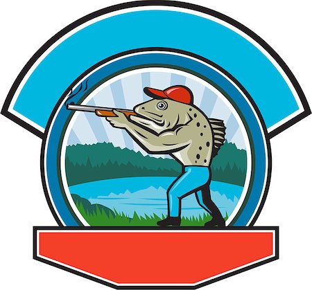 simsearch:400-08617785,k - Illustration of a spotted sea trout fish hunter hunting aiming a shotgun rifle viewed from side with lake, trees and mountains  in the background done in retro style. Stock Photo - Budget Royalty-Free & Subscription, Code: 400-08621113