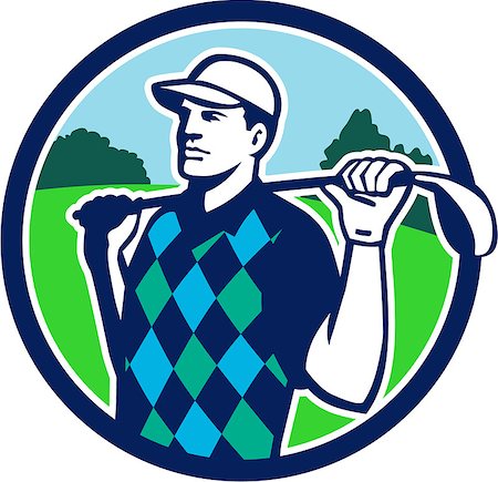 Illustration of golfer wearing argyle vest and hat holding golf club on shoulder looking to the side with trees in the background set inside circle done in retro style. Stock Photo - Budget Royalty-Free & Subscription, Code: 400-08621132