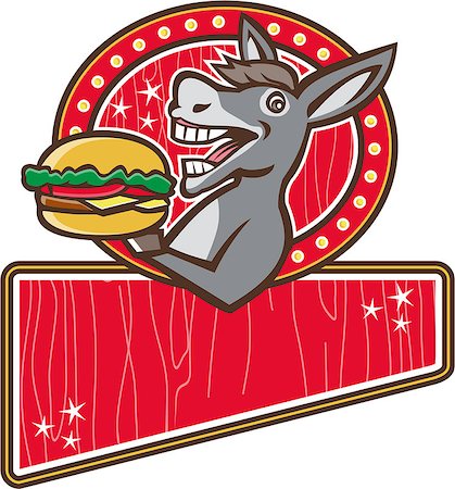 equus mulus - Illustration of a donkey, ass, mule or horse mascot serving up a hamburger burger sandwich viewed fromt the side set inside rectangle shape with woodgrain done in 1950s retro diner style Photographie de stock - Aubaine LD & Abonnement, Code: 400-08621163