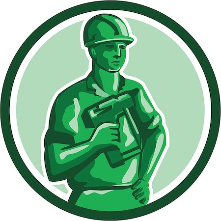 simsearch:400-07747598,k - Illustration of a green plastic toy construction worker standing wearing hard hat holding nailgun and other hand on hips  set inside circle on isolated background done in retro style. Photographie de stock - Aubaine LD & Abonnement, Code: 400-08621179