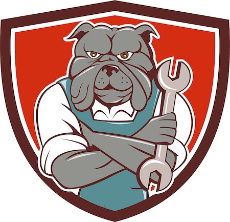 simsearch:400-08574574,k - Illustration of a bulldog mechanic with arms crossed holding spanner facing front set inside shield crest on isolated background done in cartoon style. Stock Photo - Budget Royalty-Free & Subscription, Code: 400-08621187