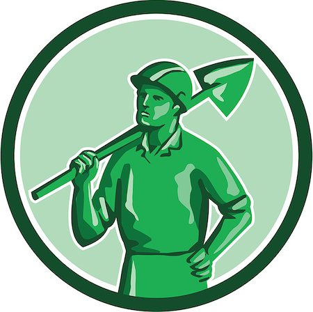 simsearch:400-07835492,k - Illustration of a green plastic toy miner standing wearing hard hat holding shovel on shoulder and other hand on hips set inside circle on isolated background done in retro style. Stockbilder - Microstock & Abonnement, Bildnummer: 400-08621180