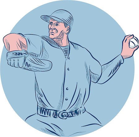 simsearch:400-08623964,k - Drawing sketch style illustration of an american baseball player pitcher outfilelder throwing ball  looking to the side set inside circle set on isolated background. Foto de stock - Royalty-Free Super Valor e Assinatura, Número: 400-08621198