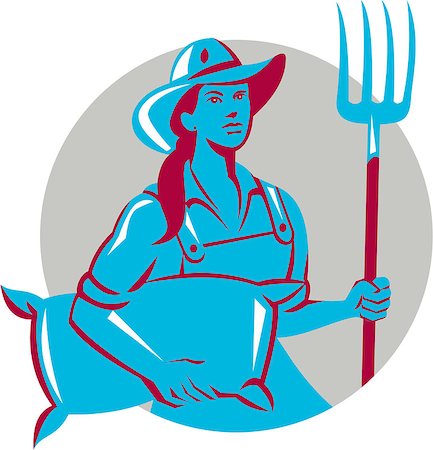 simsearch:400-07422645,k - Illustration of a female organic farmer carrying sack and holding pitchfork with hat facing front set inside circle on isolated bakcground done in retro style. Photographie de stock - Aubaine LD & Abonnement, Code: 400-08621210