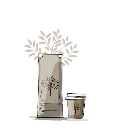 simsearch:400-08290789,k - Bag packaging and take away coffee cup, sketch for your design. Vector illustration Foto de stock - Super Valor sin royalties y Suscripción, Código: 400-08621253