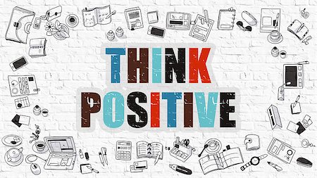 simsearch:400-08497774,k - Think Positive Concept. Multicolor Inscription on White Brick Wall with Doodle Icons Around. Modern Style Illustration with Doodle Design Icons. Think Positive on White Brickwall Background. Foto de stock - Super Valor sin royalties y Suscripción, Código: 400-08621510