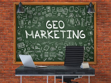 simsearch:400-07045079,k - Geo Marketing - Handwritten Inscription by Chalk on Green Chalkboard with Doodle Icons Around. Business Concept in the Interior of a Modern Office on the Red Brick Wall Background. 3D. Stock Photo - Budget Royalty-Free & Subscription, Code: 400-08621545