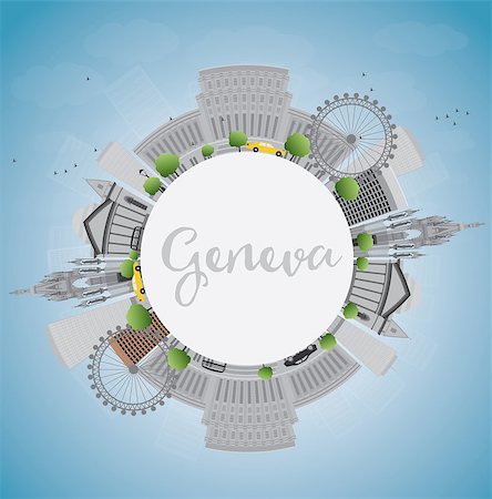 Geneva skyline with grey landmarks, blue sky and copy space. Vector illustration. Business travel and tourism concept with place for text. Image for presentation, banner, placard and web site. Foto de stock - Super Valor sin royalties y Suscripción, Código: 400-08621595