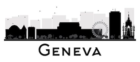 Geneva City skyline black and white silhouette. Vector illustration. Simple flat concept for tourism presentation, banner, placard or web site. Business travel concept. Cityscape with landmarks Stock Photo - Budget Royalty-Free & Subscription, Code: 400-08621596