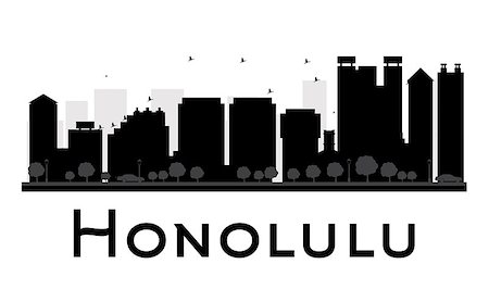 picture hawaii skyline - Honolulu City skyline black and white silhouette. Vector illustration. Simple flat concept for tourism presentation, banner, placard or web site. Business travel concept. Cityscape with famous landmarks Stock Photo - Budget Royalty-Free & Subscription, Code: 400-08621599