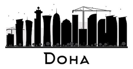 doha skyline - Doha City skyline black and white silhouette. Vector illustration. Simple flat concept for tourism presentation, banner, placard or web site. Business travel concept. Cityscape with landmarks Stock Photo - Budget Royalty-Free & Subscription, Code: 400-08621592