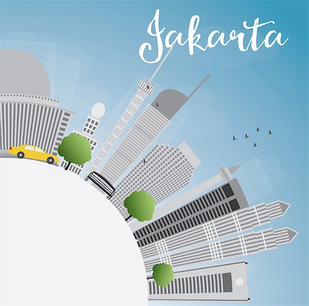 Jakarta skyline with grey landmarks, blue sky and copy space. Vector illustration. Business travel and tourism concept with place for text. Image for presentation, banner, placard and web site. Photographie de stock - Aubaine LD & Abonnement, Code: 400-08621601