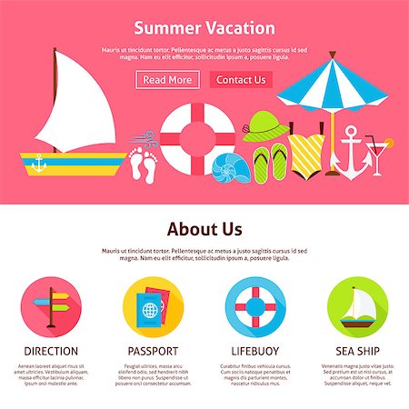 simsearch:400-08337834,k - Summer Vacation Flat Web Design Template. Vector Illustration for Website banner and landing page. Holiday Travel and Resort Header with Icons Modern Design. Foto de stock - Royalty-Free Super Valor e Assinatura, Número: 400-08621644