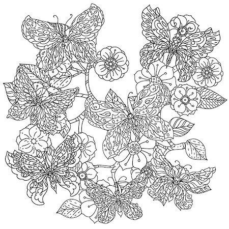 simsearch:400-08616791,k - Uncoloured frame flowers and butterfly for adult coloring book in famous zenart style. Hand-drawn, retro, doodle, vector, uncoloured. The best for design, textiles, posters, coloring book in vector. Foto de stock - Super Valor sin royalties y Suscripción, Código: 400-08621826