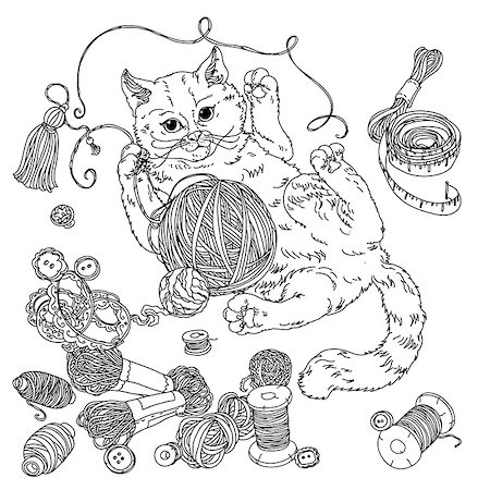 sitting colouring cartoon - kitten playing with a ball of yarn and Needlework items. Hand-drawn, doodle, vector the best for your design, wedding cards, coloring book. Black and white. Foto de stock - Super Valor sin royalties y Suscripción, Código: 400-08621822