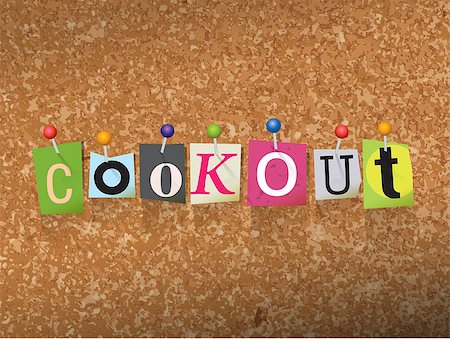 pig roast - The word "COOKOUT" written in cut letters and pinned to a cork bulletin board illustration. Vector EPS 10 available. Stock Photo - Budget Royalty-Free & Subscription, Code: 400-08622437