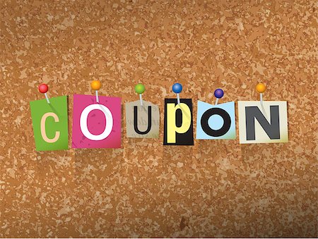 simsearch:400-08290801,k - The word "COUPON" written in cut letters and pinned to a cork bulletin board illustration. Vector EPS 10 available. Stock Photo - Budget Royalty-Free & Subscription, Code: 400-08622438