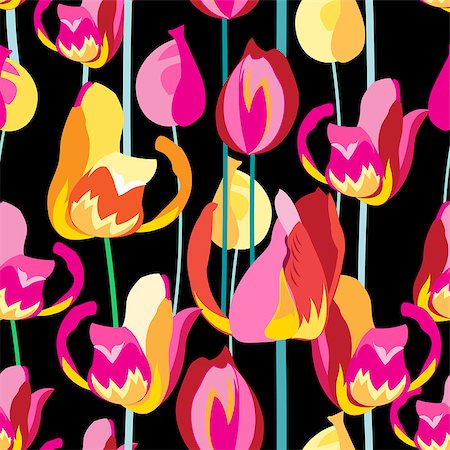 simsearch:400-08620181,k - Seamless pattern with beautiful multi-colored tulips on a black background Stockbilder - Microstock & Abonnement, Bildnummer: 400-08622571