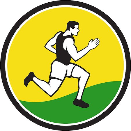 simsearch:400-08629212,k - Illustrations of male marathon triathlete runner running viewed from the side set inside circle on isolated background done in retro style. Foto de stock - Super Valor sin royalties y Suscripción, Código: 400-08622617