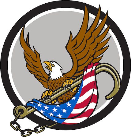 simsearch:400-08864013,k - Illustration of an american bald eagle looking to the side clutching with its talon a towing j hook with chains draped with usa american flag viewed from front set inside circle done in retro style. Stock Photo - Budget Royalty-Free & Subscription, Code: 400-08622621