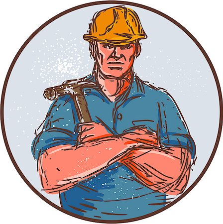 simsearch:400-08623964,k - Drawing sketch style illustration of a builder construction worker arms crossed holding hammer viewed from front set inside circle on isolated background. Foto de stock - Royalty-Free Super Valor e Assinatura, Número: 400-08622743