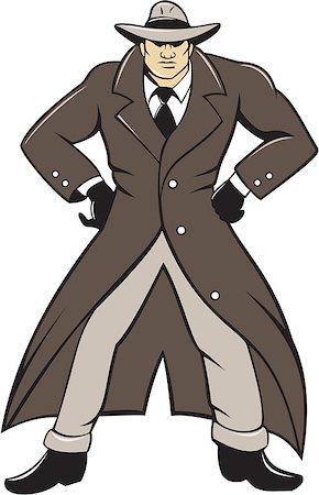 Illustration of a detective wearing trenchcoat and hat with hands akimbo viewed from front set on isolated white background done in cartoon style. Foto de stock - Super Valor sin royalties y Suscripción, Código: 400-08622755