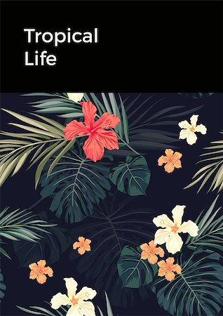 Summer tropical hawaiian sale background with palm tree leaves and exotic flowers, space for text, vector illustration. Stock Photo - Budget Royalty-Free & Subscription, Code: 400-08623039