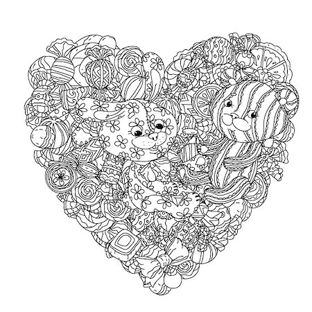 sitting colouring cartoon - uncolored teddy bear and leverets on heart shape background by sweets in coloring book style. Hand-drawn, doodle, vector or design, cards, coloring book. Black and white for adult colored book. Foto de stock - Super Valor sin royalties y Suscripción, Código: 400-08623154