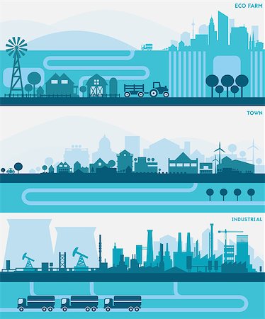 Vector horizontal banners skyline Kit with various parts of city - factories, refineries, power plants and small towns or suburbs. Illustration divided on layers for create parallax effect Stock Photo - Budget Royalty-Free & Subscription, Code: 400-08623318