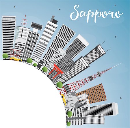 people japan big city - Sapporo Skyline with Gray Buildings, Blue Sky and Copy Space. Vector Illustration. Business and Tourism Concept with Modern Buildings. Image for Presentation, Banner, Placard or Web Site. Photographie de stock - Aubaine LD & Abonnement, Code: 400-08623313