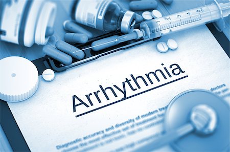 simsearch:400-08376875,k - Arrhythmia - Printed Diagnosis with Blurred Text. Arrhythmia - Medical Report with Composition of Medicaments - Pills, Injections and Syringe. Arrhythmia, Medical Concept with Selective Focus. 3D. Stock Photo - Budget Royalty-Free & Subscription, Code: 400-08623619