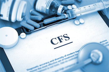 CFS - Printed Diagnosis with Blurred Text. CFS - Medical Report with Composition of Medicaments - Pills, Injections and Syringe. CFS, Medical Concept with Selective Focus. 3D. Stock Photo - Budget Royalty-Free & Subscription, Code: 400-08623611