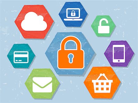 simsearch:400-08572391,k - padlock and internet signs in grunge flat design hexagons labels infographic, technical security concept symbols Photographie de stock - Aubaine LD & Abonnement, Code: 400-08623806