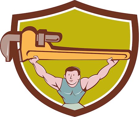 simsearch:400-08012294,k - Illustration of a plumber weightlifter lifting giant monkey wrench over head viewed from front set inside shield crest on isolated background done in cartoon style. Foto de stock - Super Valor sin royalties y Suscripción, Código: 400-08623953