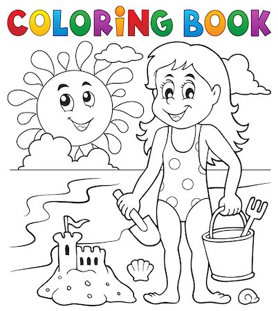 simsearch:400-04596901,k - Coloring book girl playing on beach 1 - eps10 vector illustration. Stock Photo - Budget Royalty-Free & Subscription, Code: 400-08630155