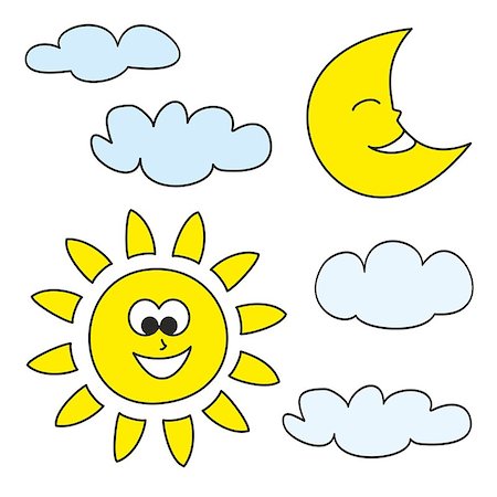 Sun, moon and clouds - weather cartoon icons vector illustrations isolated on white background for kids coloring book Stock Photo - Budget Royalty-Free & Subscription, Code: 400-08630212