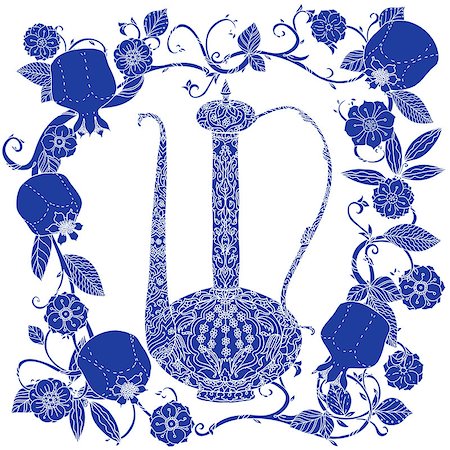 simsearch:400-08616791,k - Oriental traditional patterned jug, Flowering branch and pomegranate fruits as detailed silhouette blue on white background Vector illustration. The best for your design, textiles, posters, t-shirt Foto de stock - Super Valor sin royalties y Suscripción, Código: 400-08630254