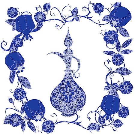 simsearch:400-08616791,k - Oriental traditional patterned jug, Flowering branch and pomegranate fruits as detailed silhouette blue on white background Vector illustration. The best for your design, textiles, posters, t-shirt Foto de stock - Super Valor sin royalties y Suscripción, Código: 400-08630255
