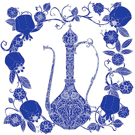 simsearch:400-08616791,k - Oriental traditional patterned jug, Flowering branch and pomegranate fruits as detailed silhouette blue on white background Vector illustration. The best for your design, textiles, posters, t-shirt Foto de stock - Super Valor sin royalties y Suscripción, Código: 400-08630256