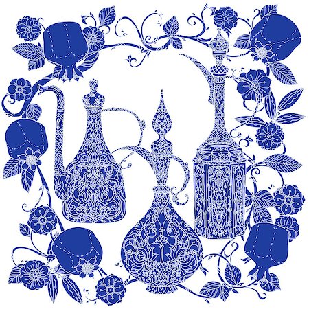 simsearch:400-08616791,k - Oriental traditional patterned jug, Flowering branch and pomegranate fruits as detailed silhouette blue on white background Vector illustration. The best for your design, textiles, posters, t-shirt Foto de stock - Super Valor sin royalties y Suscripción, Código: 400-08630257