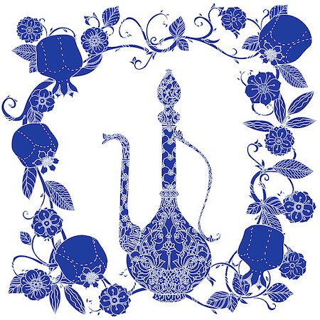 simsearch:400-08616791,k - Oriental traditional patterned jug, Flowering branch and pomegranate fruits as detailed silhouette blue on white background Vector illustration. The best for your design, textiles, posters, t-shirt Foto de stock - Super Valor sin royalties y Suscripción, Código: 400-08630258