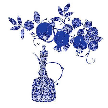 simsearch:400-08616791,k - Oriental traditional patterned jug, Flowering branch and pomegranate fruits as detailed silhouette blue on white background Vector illustration. The best for your design, textiles, posters, t-shirt Foto de stock - Super Valor sin royalties y Suscripción, Código: 400-08630264