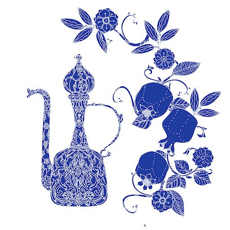 simsearch:400-08616791,k - Oriental traditional patterned jug, Flowering branch and pomegranate fruits as detailed silhouette blue on white background Vector illustration. The best for your design, textiles, posters, t-shirt Foto de stock - Super Valor sin royalties y Suscripción, Código: 400-08630265